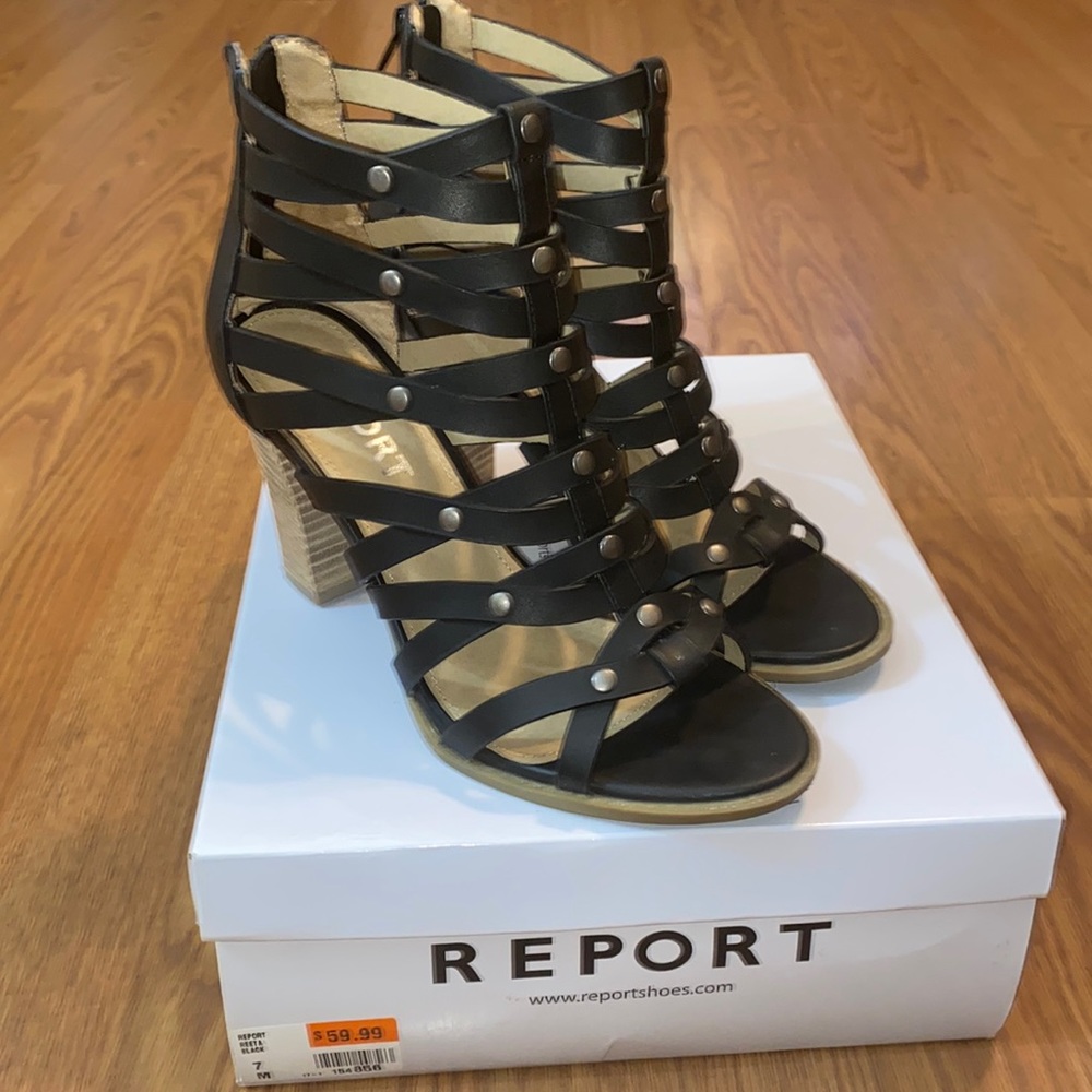 Report Women’s Reeta Black Heeled Sandals NIB sz 7
